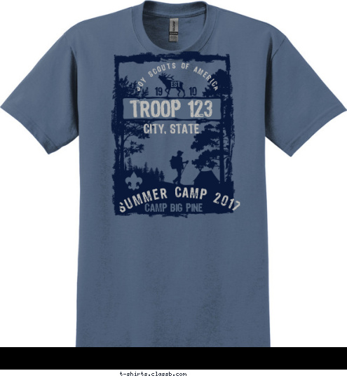 CITY, STATE CAMP BIG PINE SUMMER CAMP 2017
 19        10 EST BOY SCOUTS OF AMERICA TROOP 123 T-shirt Design 