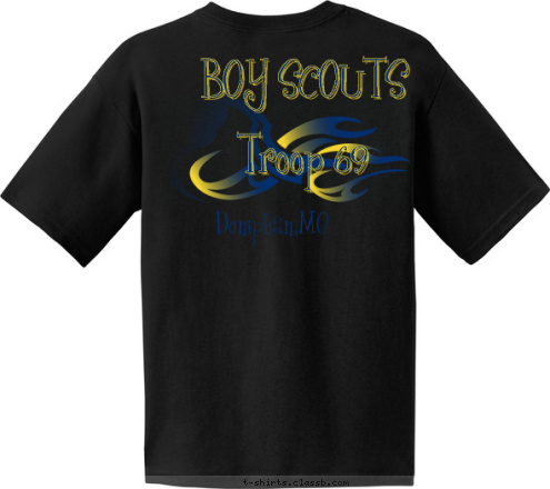 Supporter New Text BOY SCOUTS Troop 69 Doniphan,MO T-shirt Design Flames Blue & Gold