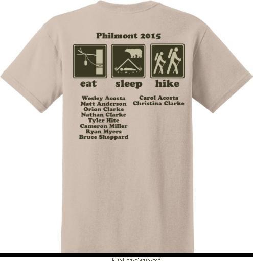 75 Wesley Acosta
Matt Anderson 
Orion Clarke
Nathan Clarke
Tyler Hite 
Cameron Miller
Ryan Myers
Bruce Sheppard
 
 Philmont 2015 eat sleep 75 hike Carol Acosta
Christina Clarke 
 
 2015    XXX-X Crew 372 Aubrey, TX T-shirt Design 