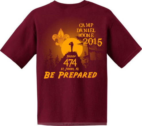 2015 St Johns FL Be Prepared BSA TROOP 474
 CAMP 
    DANIEL 
    BOONE
 CAMP DANIEL BOONE St. Johns, FL
 474
 Troop T-shirt Design 