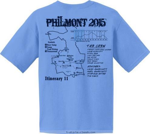 Philmont 2015 Crew 616-T-03 PHILMONT 2015 THE CREW THOMAS LLOYD,
CALEB HUNEYCUTT
ETHAN HOWE
JACK PORTMAN
MAX OSTER
PHILLIP DAVIS
ROSS DOMINY
SHELBY GILLENTINE CREW LEADER ADVISORS: CHAD HUNEYCUTT
MARC HUNEYCUTT
STEPHAN OSTER
TIM DAVIS Itinerary 11 T-shirt Design 
