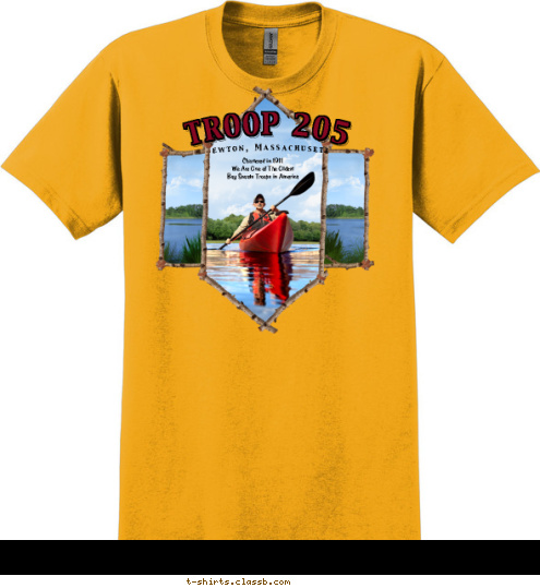 New Text  Chartered in 1911
We Are One of The Oldest 
Boy Scouts Troops in America Newton, Massachusetts TROOP 205 T-shirt Design 