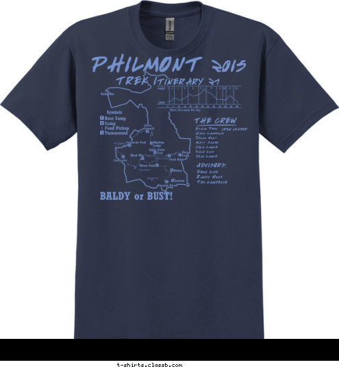 PHILMONT 2015 TREK Itinerary 27 THE CREW Ethan Peek
Gavin Lawrence
Dylan Hunt
Matt Sager
Colin Laurie
Zach Lind
Sean Laurie CREW LEADER ADVISORS: Doug Lind
Randy Hunt
Tom Lawrence BALDY or BUST! T-shirt Design Albert Lea Crew 77 back