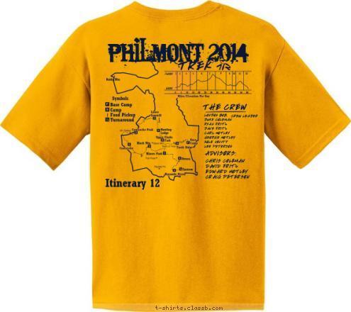 ANYTOWN, USA TROOP 123 PHILMONT 2014 PHILMONT TREK 712 2014 THE CREW LONDON BOB,
DUKE COLEMAN
RYAN FRITZ
DAVE FRITZ
CARL MOTLEY
GEORGE MOTLEY
KOLE NEVITT
LEE PETERSON CREW LEADER ADVISORS: CHRIS COLEMAN
DAVID FRITZ
EDWARD MOTLEY 
CRAIG PETERSON Itinerary 12 T-shirt Design 