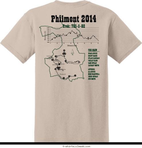 Trek: 701-I-02 Philmont 2014 Gulf Coast Council Florida
Panhandlers AL ADCOCK
MIKE MADEWELL
CHRIS OSWALD
DON SMITH ADVISORS: NOAH ADCOCK
BRODY BAKER
DYLAN CARISSAN
PHILLIP DAHN
SAM OSWALD
ZACHARY SMITH
 THE CREW TREK 701-I-02 PHILMONT 2014 T-shirt Design 