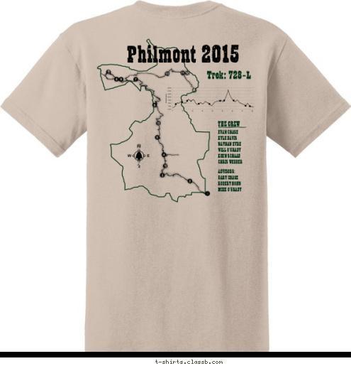 Philmont 2015 Troop 762 Trek: 728-L Yorba Linda, CA Orange County
Council THE CREW EVAN CHASE
KYLE DAVIS
NATHAN EYRE
WILL O'GRADY
KOEN SCHAAD
CHRIS WEBBER ADVISORS: GARY CHASE
ROBERT HOHN
MIKE O'GRADY T-shirt Design Philmont 2015 Trek 728-L