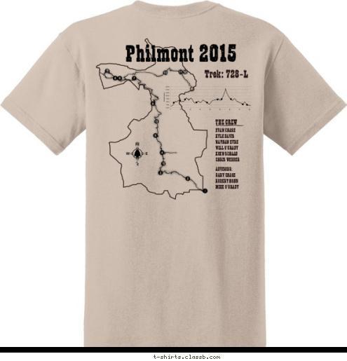 New Text Philmont 2015 Troop 762 Trek: 728-L Yorba Linda, CA Orange County
Council THE CREW EVAN CHASE
KYLE DAVIS
NATHAN EYRE
WILL O'GRADY
KOEN SCHAAD
CHRIS WEBBER ADVISORS: GARY CHASE
ROBERT HOHN
MIKE O'GRADY T-shirt Design 