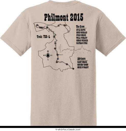 Trek: 728-L GARY CHASE
ROBERT HOHN
MIKE O'GRADY Advisors The Crew KYLE DAVIS
KOEN SCHAAD
EVAN CHASE
WILL O'GRADY
CHRIS WEBBER
NATHAN EYRE Philmont 2015 Yorba Linda, CA TROOP 762 2015 T-shirt Design 