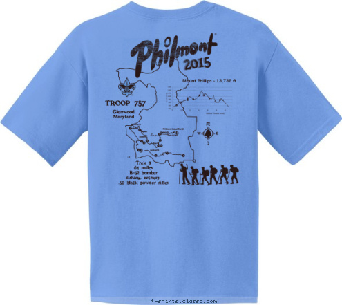 Itinerary 9 TROOP 757 Mount Phillips - 13,736 ft Troop 757
Glenwood MD 757 Philmont Scout Ranch TROOP 2015 Glenwood
Maryland Trek 9
64 miles
B-52 bomber
fishing, archery
.50 black powder rifles T-shirt Design map-757-2sides-carolina