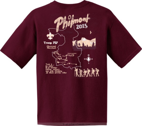 Mount Phillips - 13,736 ft Troop 757
Glenwood, Maryland Philmont Scout Ranch 757 Troop 2015 Glenwood
Maryland Trek 9
64 miles
B-52 bomber
fishing, archery
spar pole climbing
.50 black powder rifles
 T-shirt Design 757-fancy-map