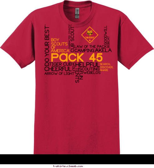 Pocahontas, AR
Cub Scout 
Pack 45 SHARE DISCOVER, SEARCH, AMERICA OF SCOUTS BOY Pack 45 T-shirt Design 