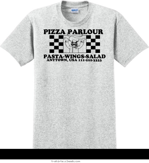 PIZZA PARLOUR ANYTOWN, USA 111-222-3333 PASTA-WINGS-SALAD T-shirt Design 