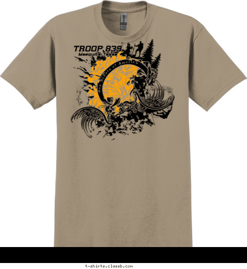 Outdoor Code
As an American, I will to my best to
Be clean in my outdoor manners, 
Be careful with fire,
Be considerate in the outdoors,
and
Be conservation-minded.   New Text TROOP 839 Mesquite, Texas Boy Scouts of America T-shirt Design Troop 839 t-shirt