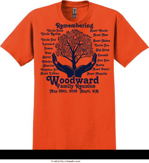 New Text New Text Pam Blanche Anita Remembering Uncle Kersey Uncle John Aunt Mayolia Aunt Pearl Aunt Lillian Joann Barry Uncle Jim Clayton Jr. Son Son Uncle Joe Leonard Gladys Big Sissy Aunt Helen Aunt Nan Aunt Cooks Donald Family Reunion May 29th, 2016  Hayti, PA Woodward T-shirt Design 