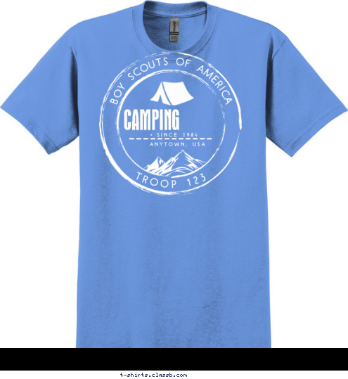 TROOP 123 BOY SCOUTS OF AMERICA SINCE 1984 ANYTOWN, USA CAMPING T-shirt Design 