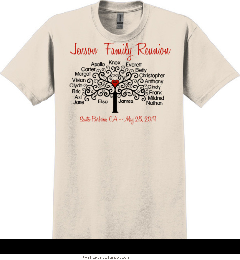 Nathan Mildred Frank Cindy Anthony Christopher Betty Everett Knox Apollo Carter Margot Vivian Clyde Bria Axl Jane James Elsa Jenson  Family Reunion Santa Barbara, CA ~ May 28, 2017 T-shirt Design SP6587