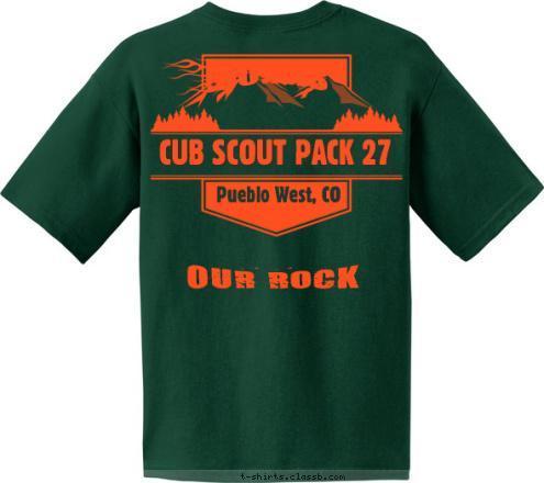 New Text GOD IS OUR ROCK CUB SCOUT PACK 27 Pueblo West, CO WALK WORTHY Chartered By Our Savior's Lutheran School Yourtown, State Troop ST-1234 T-shirt Design 