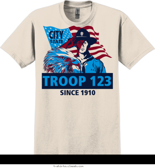 Your text here SINCE 1910 BOY SCOUTS OF AMERICA STATE CITY TROOP 123 T-shirt Design SP6751