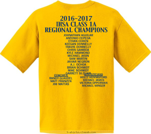 2016-2017
IHSA CLASS 1A
REGIONAL CHAMPIONS JOHNATHAN AGUILAR
ANTONIO CEPEDA
ETHAN COHEN
KEEGAN DONNELLY
TRAVIS DONNELLY
CHRIS GAMBOA
KYLE HAMMOND
MICHAEL JASIN
SAM MARTIN
JAVIAR NEGRON
A.J. OCHOA
BRIAN SCHMIDT
MIKE SCHMIDT
GARRETT St.CLAIR
 COACHES
RANDY GLAUDEL
MATT FRANZEN
JIM MATTAS STATISTICIANS
HOLLY HONNIGFORD
MICHAEL JAMES
VICTORIA OPPERMAN
MICHAEL WINGER AURORA CENTRAL WRESTLING CHARGERS T-shirt Design 