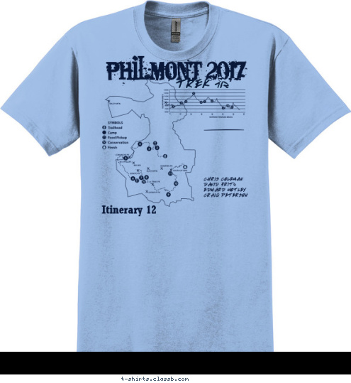 TROOP 820 - CHAPEL HILL NC Troop 358 PHILMONT 2017 LONDON BOB,
DUKE COLEMAN
RYAN FRITZ
DAVE FRITZ
CARL MOTLEY
GEORGE MOTLEY
KOLE NEVITT
LEE PETERSON Itinerary 12 TREK 712 CHRIS COLEMAN
DAVID FRITZ
EDWARD MOTLEY 
CRAIG PETERSON T-shirt Design 