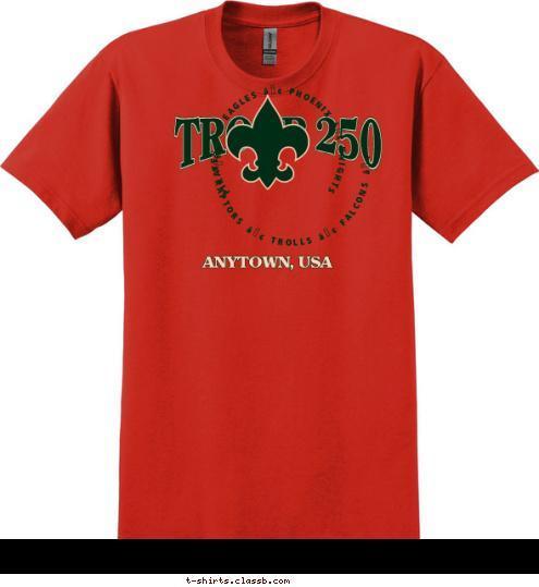 • RAPTORS • TROLLS • FALCONS • PIRATES • EAGLES • PHOENIX • KNIGHTS  TROOP 250 ANYTOWN, USA T-shirt Design 