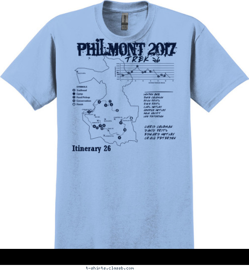 PHILMONT 2017 Itinerary 26 TREK 26 LONDON BOB,
DUKE COLEMAN
RYAN FRITZ
DAVE FRITZ
CARL MOTLEY
GEORGE MOTLEY
KOLE NEVITT
LEE PETERSON CHRIS COLEMAN
DAVID FRITZ
EDWARD MOTLEY 
CRAIG PETERSON T-shirt Design 