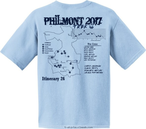 Crew 118 The Crew 2017 PHILMONT 2017 Itinerary 26 TREK 26 LONDON BOB,
DUKE COLEMAN
RYAN FRITZ
DAVE FRITZ
CARL MOTLEY
GEORGE MOTLEY
KOLE NEVITT
LEE PETERSON CHRIS COLEMAN
DAVID FRITZ
EDWARD MOTLEY 
CRAIG PETERSON Troop 292 - Apple Valley, MN - 714-C T-shirt Design 