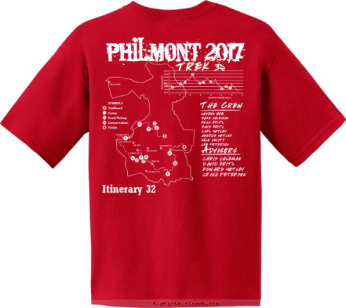 CREW 123 City, State TREK 32 Advisors The Crew PHILMONT 2017 CREW 123 Itinerary 32 CITY, STATE LONDON BOB,
DUKE COLEMAN
RYAN FRITZ
DAVE FRITZ
CARL MOTLEY
GEORGE MOTLEY
KOLE NEVITT
LEE PETERSON CHRIS COLEMAN
DAVID FRITZ
EDWARD MOTLEY 
CRAIG PETERSON T-shirt Design 