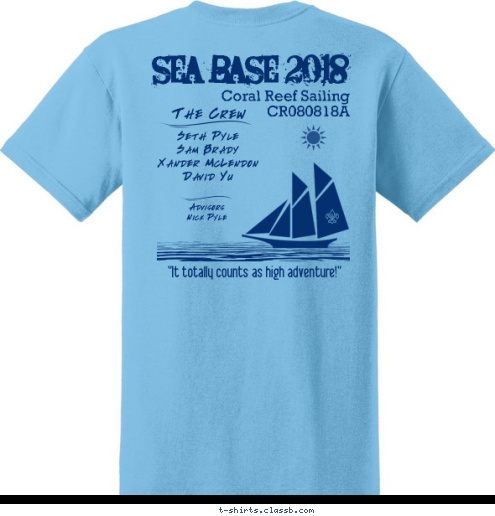 SEA BASE 2018 TEXAS DALLAS, TX DALLAS 2018 TROOP Sea Base 2018 Coral Reef Sailing
CR080818A The Crew Seth Pyle
Sam Brady
Xander McLendon
David Yu Advisors
Nick Pyle
 