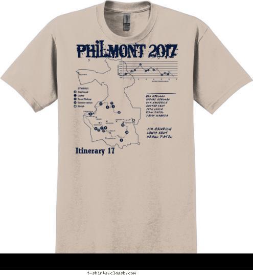 PHILMONT 2017 Itinerary 17 TREK 712 BEN ADELMAN
SYDNEY ADELMAN
SAM HEINDRICH
HUNTER KENT
JOSH LYNCH
RISHI PATEL
JASON SLEBODA JIM HEINRICH
LEWIS KENT
MEHUL PATEL
 T-shirt Design 