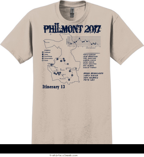 PHILMONT 2017 Itinerary 13 TREK 712 PIERCE BARGER
COLBY BROOKSHIRE
TROY GUENTHER 
GABRIEL HAYNIE
MASON HAYNIE
DAVID JOHNSTON
ERIK SOLBERG
NICOLAS THOMAS BROOK BROOKSHIRE
CHRIS HAYNIE
KIRK SOLBERG
PETE ZIES
 T-shirt Design 