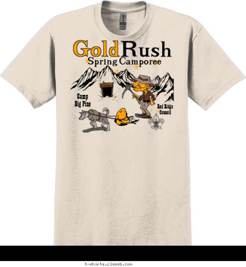Your text here Camp 
Big Pine Spring Camporee Gold Red Ridge
    Council Rush T-shirt Design SP896