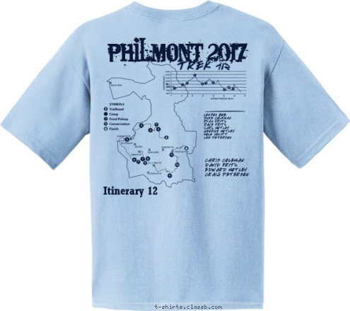 CREW 123 PHILMONT 2017 CITY, STATE Itinerary 12 TREK 712 LONDON BOB,
DUKE COLEMAN
RYAN FRITZ
DAVE FRITZ
CARL MOTLEY
GEORGE MOTLEY
KOLE NEVITT
LEE PETERSON CHRIS COLEMAN
DAVID FRITZ
EDWARD MOTLEY 
CRAIG PETERSON T-shirt Design 