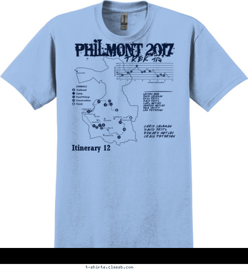 PHILMONT 2017 Itinerary 12 TREK 712 LONDON BOB,
DUKE COLEMAN
RYAN FRITZ
DAVE FRITZ
CARL MOTLEY
GEORGE MOTLEY
KOLE NEVITT
LEE PETERSON CHRIS COLEMAN
DAVID FRITZ
EDWARD MOTLEY 
CRAIG PETERSON T-shirt Design 