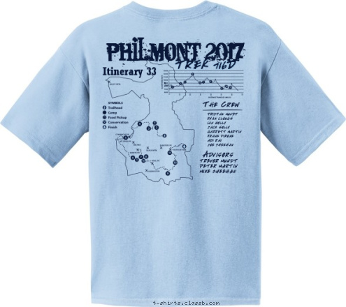 TROOP 35 Advisors DARIEN, CT The Crew PHILMONT 2017 Itinerary 33 TREK 716D TRISTAN MUNDT
RYAN CLOUGH
IAN HOLLY
JACK HOLLY
GARRETT MARTIN
FRANK PIRONE
ADI RAI
JOE SHEEHAN TREVOR MUNDT
PETER MARTIN
MIKE SHEEHAN T-shirt Design 