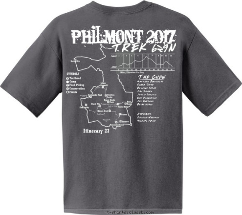 TREK 629N Itinerary 23 The Crew Matthew Boulanger
Robbie Dover
Brandon Kozar
Jay Sayers
Justin Longtin
Quin Schuurman
Jon Woodman
Brian Udell


ADVISORS:
Charlie Woodman
Michael Kozar

 Philmont 2017 KENNESAW, GA TROOP 422 / TROOP 217 T-shirt Design 