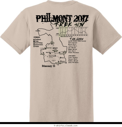 TREK 713V Itinerary 15 The Crew Spicewood, TX London Allen, Crew Leader
Duke Colmann
Blake Fritz
Johnny Fritz
Levi Motley
Bobby Motley
Kole Nevitt
Derek Peterson

ADVISORS:
Chris Coleman
Donald Fritz
Robert Motley
Greg Peterson
 TROOP 786 Philmont 2017 T-shirt Design 