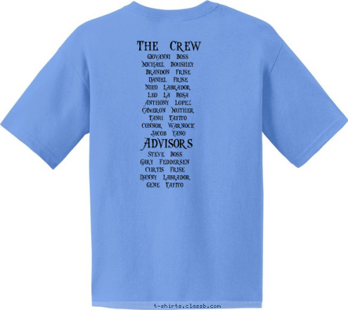 Steve Boss
Gary Feddersen
Curtis Frise
Danny Labrador
Gene Tafito Giovanni Boss
Michael Boushey
Brandon Frise
Daniel Frise
Niko Labrador
Leo La Rosa
Anthony Lopez
Cameron Muther
Tanu Tafito
Connor Warnock
Jacob Yano Advisors The Crew Troop 159      Antioch, CA BAHAMAS BASE SEA T-shirt Design 