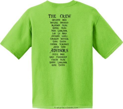 Steve Boss
Gary Feddersen
Curtis Frise
Danny Labrador
Gene Tafito Giovanni Boss
Michael Boushey
Brandon Frise
Daniel Frise
Niko Labrador
Leo La Rosa
Anthony Lopez
Cameron Muther
Tanu Tafito
Connor Warnock
Jacob Yano Advisors The Crew Troop 159      Antioch, CA BAHAMAS BASE SEA T-shirt Design 