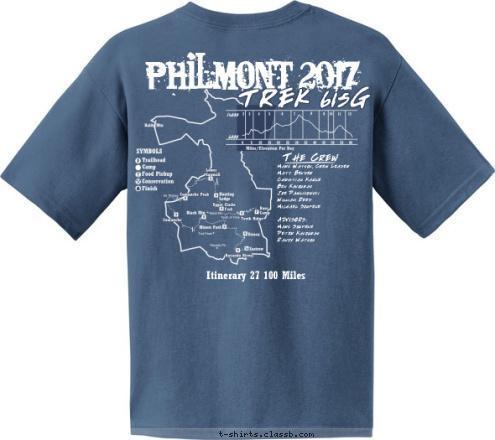 Itinerary 27 100 Miles Loveland, Ohio The Crew TROOP 888 Mark Watson, Crew Leader
Matt Bender
Christian Kahle
Ben Kavouras
Joe Pawlikowski
William Reed
Michael Soupene

ADVISORS:
Mark Soupene
Peter Kavouras
Randy Watson
 TREK 615G Philmont 2017 T-shirt Design 