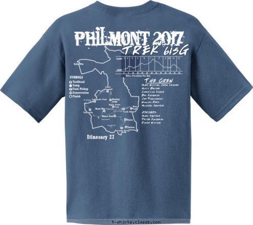 Itinerary 27 Loveland, Ohio The Crew TROOP 888 Mark Watson, Crew Leader
Matt Bender
Christian Kahle
Ben Kavouras
Joe Pawlikowski
William Reed
Michael Soupene

ADVISORS:
Mark Soupene
Peter Kavouras
Randy Watson
 TREK 615G Philmont 2017 T-shirt Design 