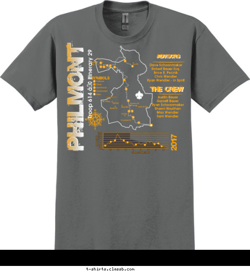 Troop 614 • Itinerary 29 THE CREW THE CREW ADVISORS ADVISORS Austin Bauer
Garrett Bauer
Ryan Schoonmaker
Shawn Houlihan
Max Wendler
Sam Wendler Dave Schoonmaker
Robert Bauer Esq.
Brice R. Pecnik
Chris Wendler
Ryan Wendler - in Spirit 2017 T-shirt Design 