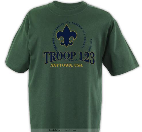 New Text • RAPTORS • TROLLS • FALCONS • PIRATES • EAGLES • PHOENIX • KNIGHTS  TROOP 123 ANYTOWN, USA T-shirt Design 