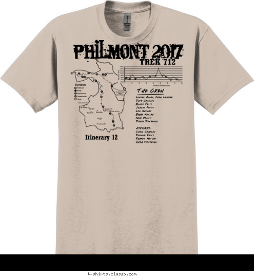 TREK 712 Itinerary 12 The Crew London Allen, Crew Leader
Duke Colmann
Blake Fritz
Johnny Fritz
Levi Motley
Bobby Motley
Kole Nevitt
Derek Peterson

ADVISORS:
Chris Coleman
Donald Fritz
Robert Motley
Greg Peterson
 Philmont 2017 T-shirt Design 