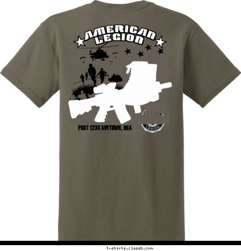 AMERICAN AMERICAN LEGION
 LEGION POST 1975 POST 1234 ANYTOWN, USA T-shirt Design 