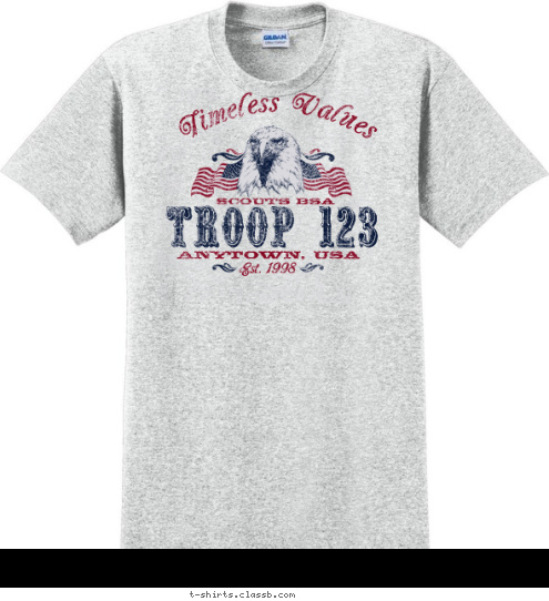 Your text here TROOP 123 ANYTOWN, USA Est. 1998 BOY SCOUT Timeless Values T-shirt Design SP559