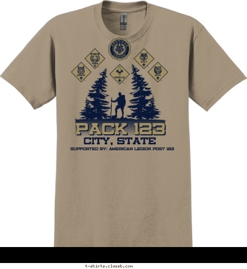 Your text here SUPPORTED BY: AMERICAN LEGION POST 123 CITY, STATE PACK 123 T-shirt Design SP7010