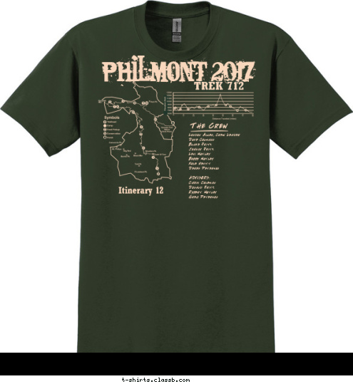 TREK 712 Itinerary 12 The Crew London Allen, Crew Leader
Duke Colmann
Blake Fritz
Johnny Fritz
Levi Motley
Bobby Motley
Kole Nevitt
Derek Peterson

ADVISORS:
Chris Coleman
Donald Fritz
Robert Motley
Greg Peterson
 Philmont 2017 T-shirt Design 