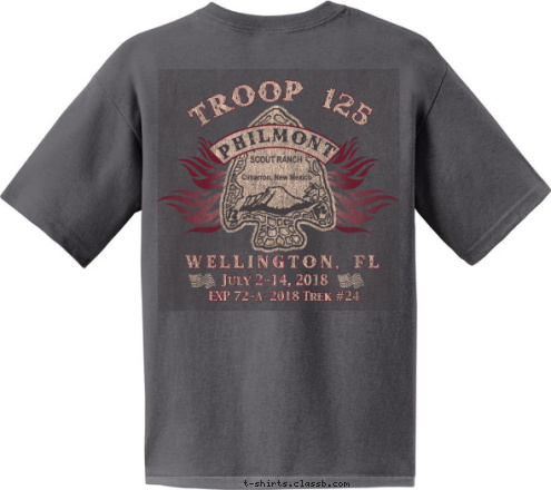 1923 Boy Scout Troop 254  Chinese Baptist Church est. Wellington, FL EXP 72-A-2018 Trek #24 July 2-14, 2018
 Expedition 72-A-2018  PHILMONT Wellington, FL
 Troop 125 TROOP 125 WELLINGTON, FL

 T-shirt Design Troop 125 Philmont Trek Summer 2018: Final Design