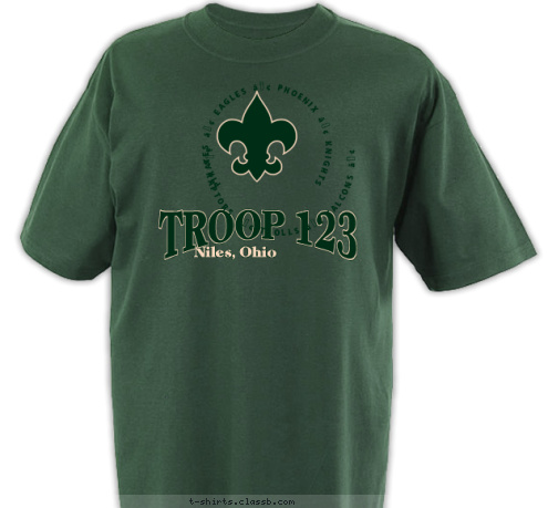 • RAPTORS • TROLLS • FALCONS • PIRATES • EAGLES • PHOENIX • KNIGHTS  TROOP 123 Niles, Ohio T-shirt Design 